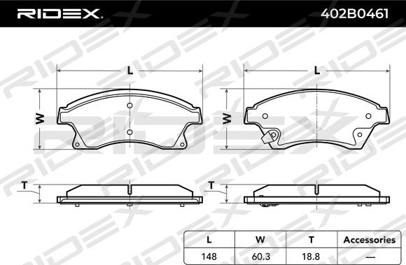 RIDEX 402B0461 - Тормозные колодки, дисковые, комплект autospares.lv