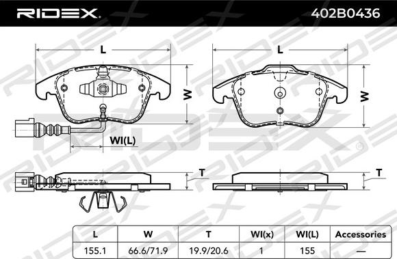 RIDEX 402B0436 - Тормозные колодки, дисковые, комплект autospares.lv