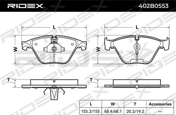 RIDEX 402B0553 - Тормозные колодки, дисковые, комплект autospares.lv