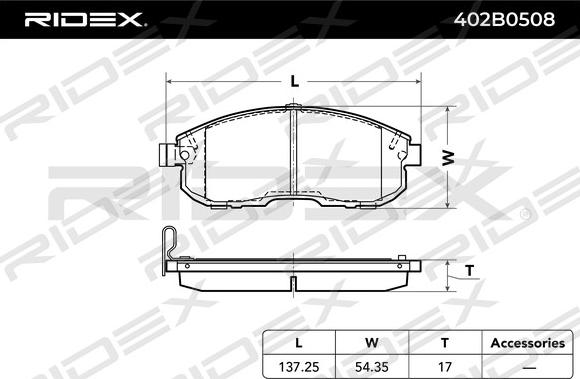 RIDEX 402B0508 - Тормозные колодки, дисковые, комплект autospares.lv