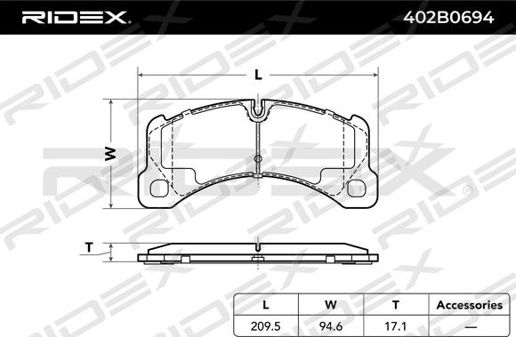 RIDEX 402B0694 - Тормозные колодки, дисковые, комплект autospares.lv