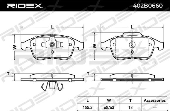 RIDEX 402B0660 - Тормозные колодки, дисковые, комплект autospares.lv