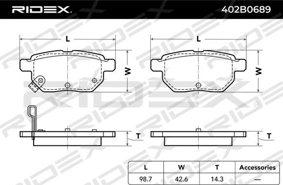 RIDEX 402B0689 - Тормозные колодки, дисковые, комплект autospares.lv