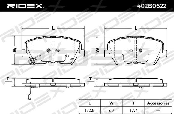 RIDEX 402B0622 - Тормозные колодки, дисковые, комплект autospares.lv