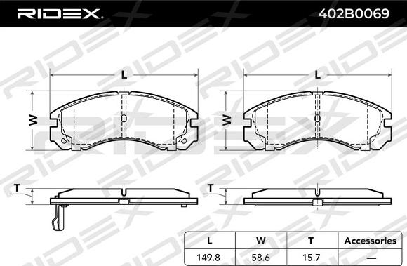 RIDEX 402B0069 - Тормозные колодки, дисковые, комплект autospares.lv