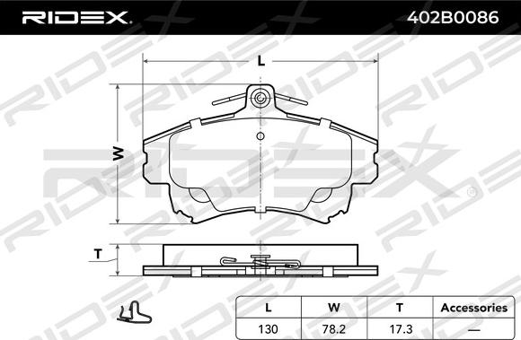 RIDEX 402B0086 - Тормозные колодки, дисковые, комплект autospares.lv