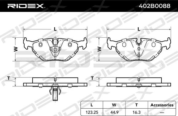 RIDEX 402B0088 - Тормозные колодки, дисковые, комплект autospares.lv