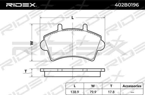 RIDEX 402B0196 - Тормозные колодки, дисковые, комплект autospares.lv