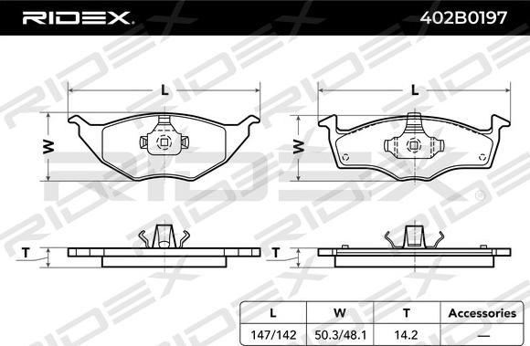 RIDEX 402B0197 - Тормозные колодки, дисковые, комплект autospares.lv