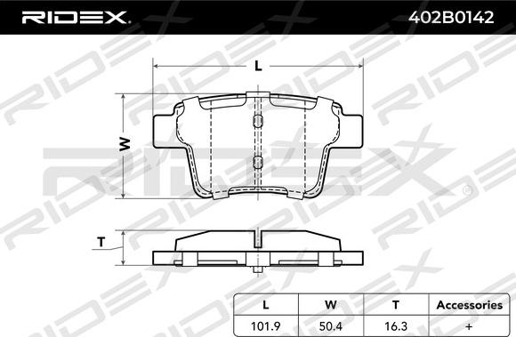 RIDEX 402B0142 - Тормозные колодки, дисковые, комплект autospares.lv