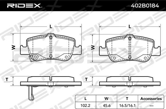 RIDEX 402B0184 - Тормозные колодки, дисковые, комплект autospares.lv