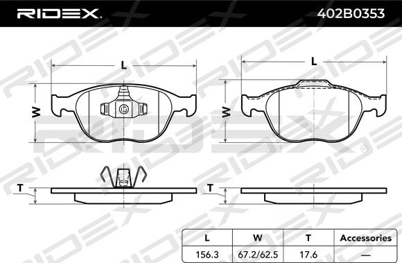 RIDEX 402B0353 - Тормозные колодки, дисковые, комплект autospares.lv