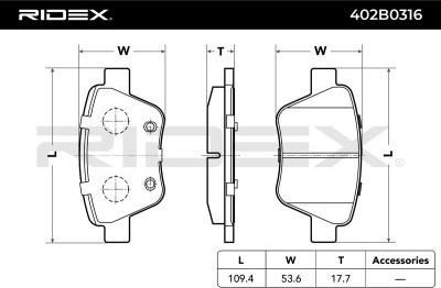 RIDEX 402B0316 - Тормозные колодки, дисковые, комплект autospares.lv