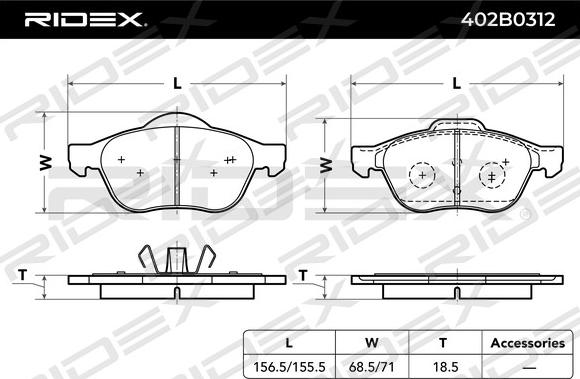 RIDEX 402B0312 - Тормозные колодки, дисковые, комплект autospares.lv