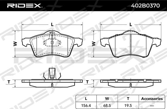 RIDEX 402B0370 - Тормозные колодки, дисковые, комплект autospares.lv