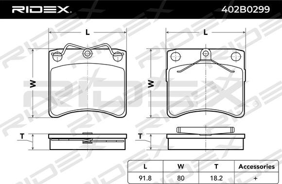 RIDEX 402B0299 - Тормозные колодки, дисковые, комплект autospares.lv