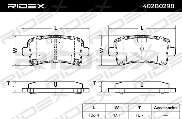 RIDEX 402B0298 - Тормозные колодки, дисковые, комплект autospares.lv