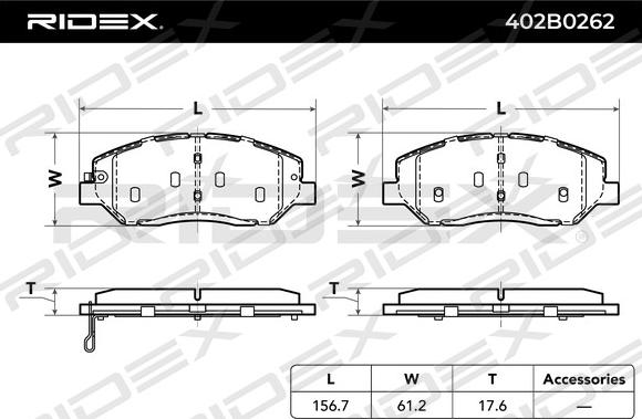 RIDEX 402B0262 - Тормозные колодки, дисковые, комплект autospares.lv