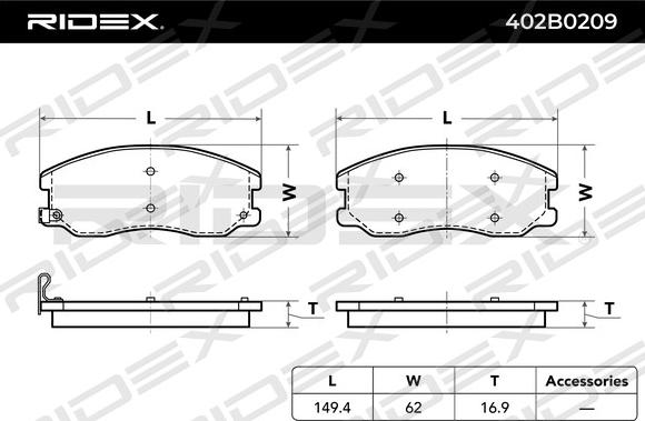 RIDEX 402B0209 - Тормозные колодки, дисковые, комплект autospares.lv