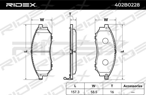 RIDEX 402B0228 - Тормозные колодки, дисковые, комплект autospares.lv
