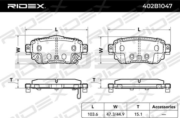 RIDEX 402B1047 - Тормозные колодки, дисковые, комплект autospares.lv