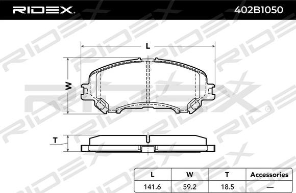 RIDEX 402B1050 - Тормозные колодки, дисковые, комплект autospares.lv