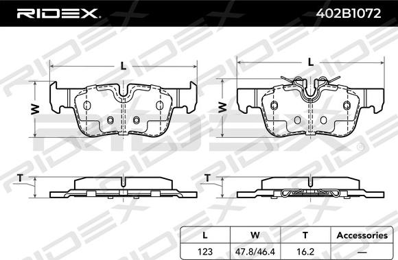 RIDEX 402B1072 - Тормозные колодки, дисковые, комплект autospares.lv