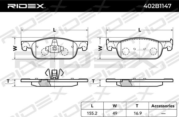 RIDEX 402B1147 - Тормозные колодки, дисковые, комплект autospares.lv