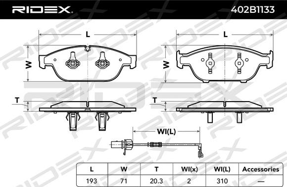 RIDEX 402B1133 - Тормозные колодки, дисковые, комплект autospares.lv