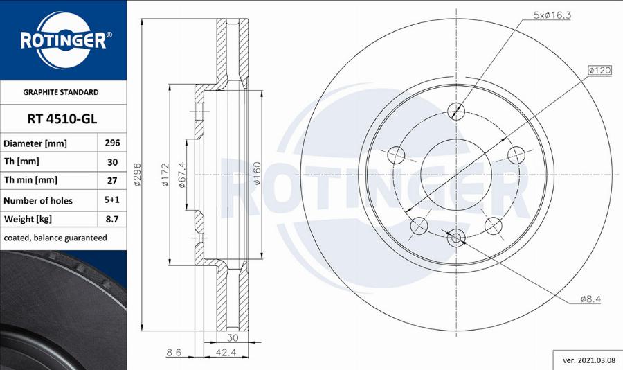 Rotinger RT 4510-GL - Тормозной диск autospares.lv