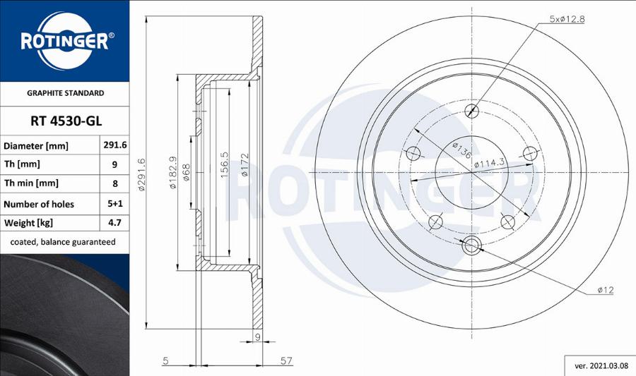 Rotinger RT 4530-GL - Тормозной диск autospares.lv