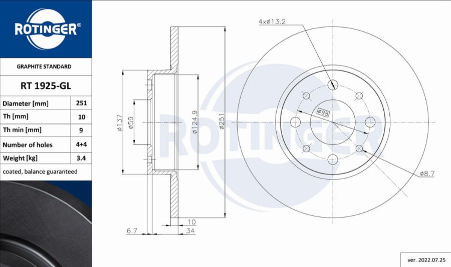 Rotinger RT 1925-GL - Тормозной диск autospares.lv