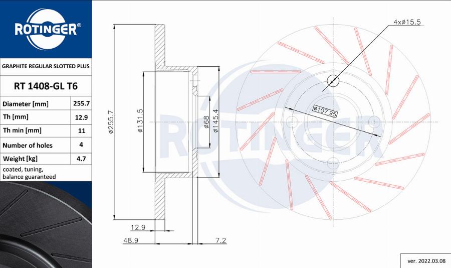 Rotinger RT 1408-GL T6 - Тормозной диск autospares.lv