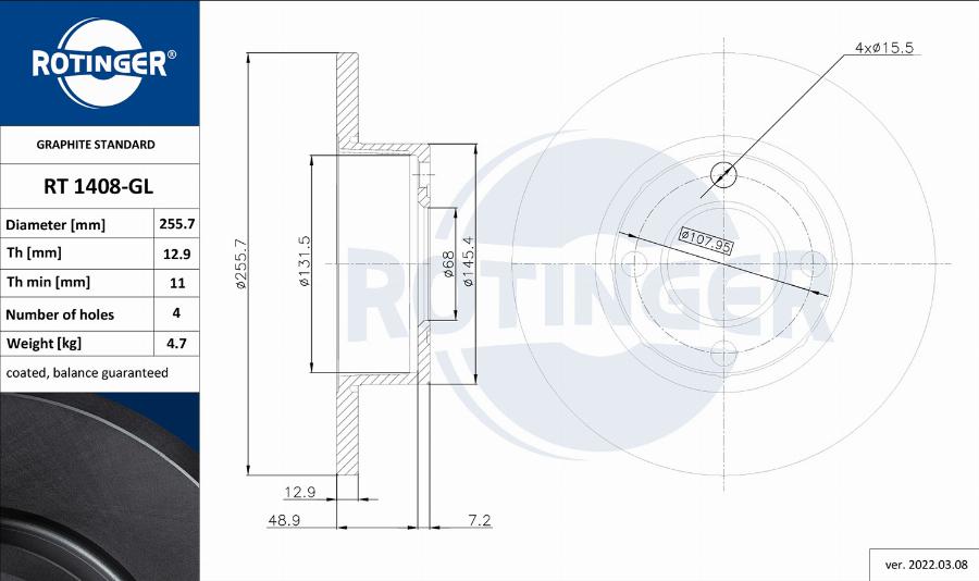 Rotinger RT 1408-GL - Тормозной диск autospares.lv