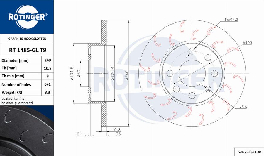 Rotinger RT 1485-GL T9 - Тормозной диск autospares.lv