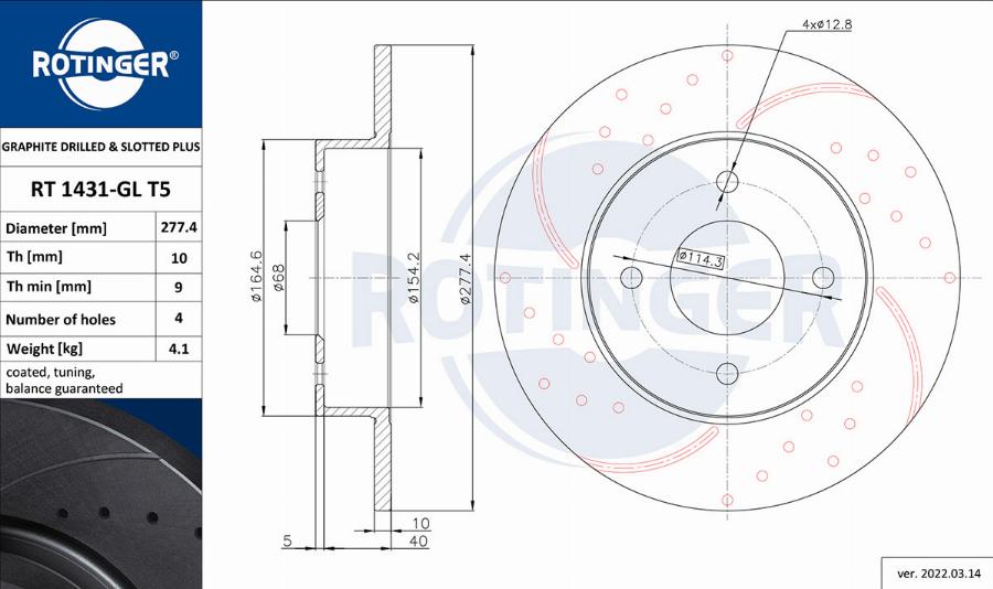 Rotinger RT 1431-GL T5 - Тормозной диск autospares.lv