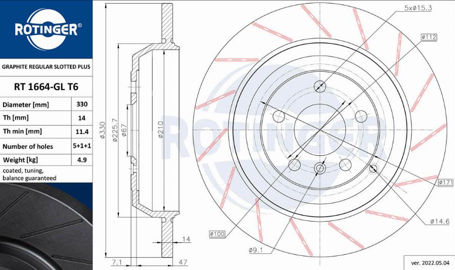 Rotinger RT 1664-GL T6 - Тормозной диск autospares.lv