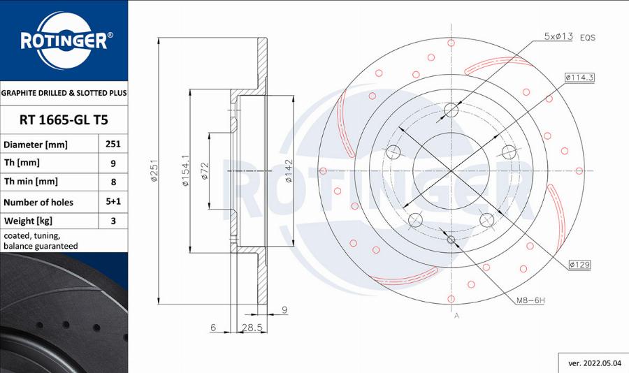 Rotinger RT 1665-GL T5 - Тормозной диск autospares.lv