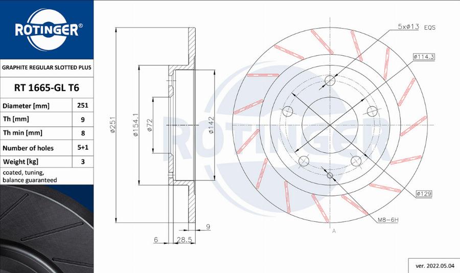 Rotinger RT 1665-GL T6 - Тормозной диск autospares.lv