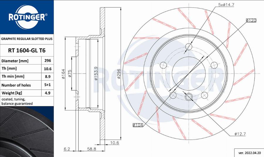 Rotinger RT 1604-GL T6 - Тормозной диск autospares.lv