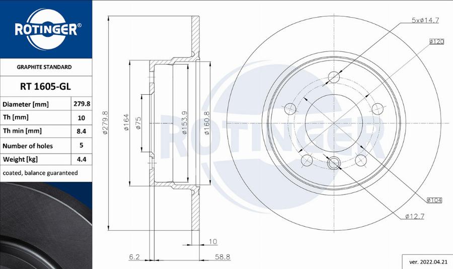 Rotinger RT 1605-GL - Тормозной диск autospares.lv