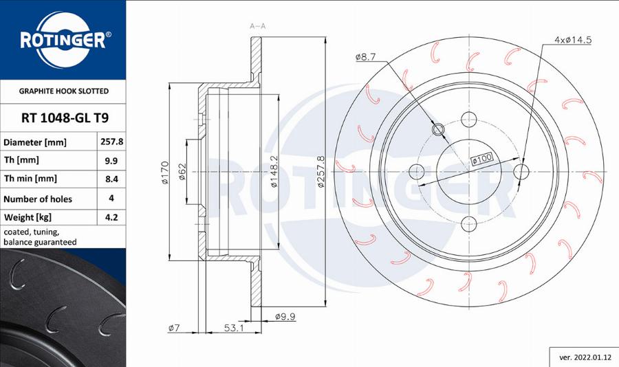 Rotinger RT 1048-GL T9 - Тормозной диск autospares.lv