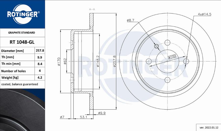 Rotinger RT 1048-GL - Тормозной диск autospares.lv