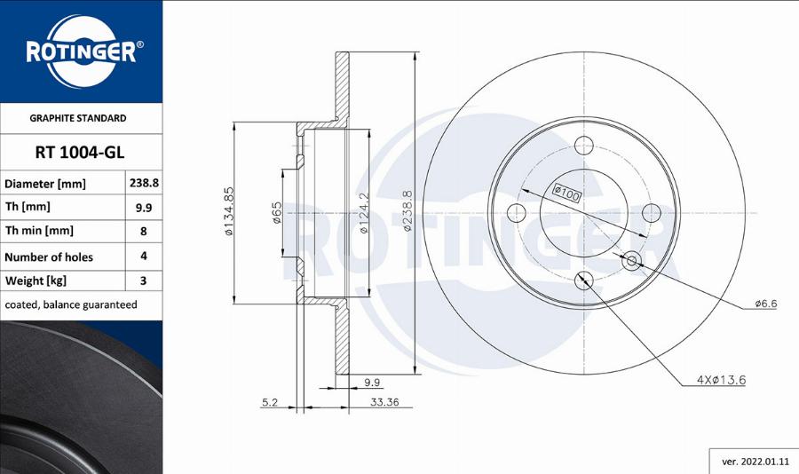 Rotinger RT 1004-GL - Тормозной диск autospares.lv