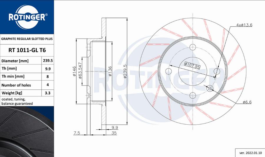 Rotinger RT 1011-GL T6 - Тормозной диск autospares.lv