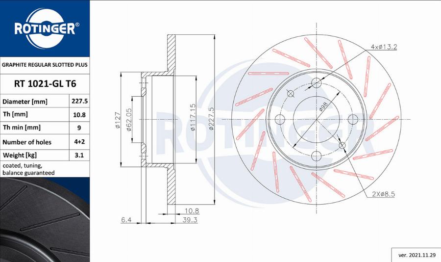 Rotinger RT 1021-GL T6 - Тормозной диск autospares.lv