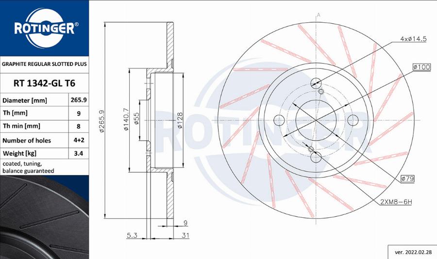 Rotinger RT 1342-GL T6 - Тормозной диск autospares.lv