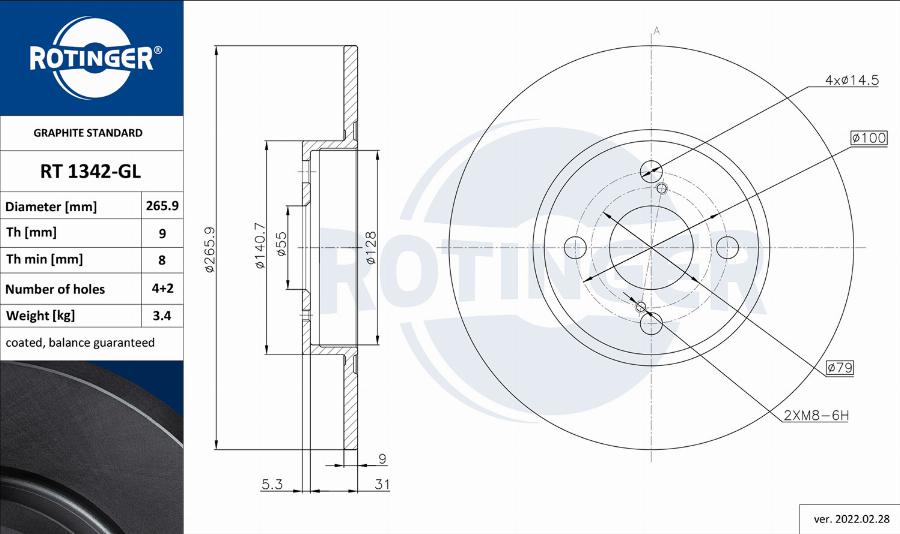 Rotinger RT 1342-GL - Тормозной диск autospares.lv