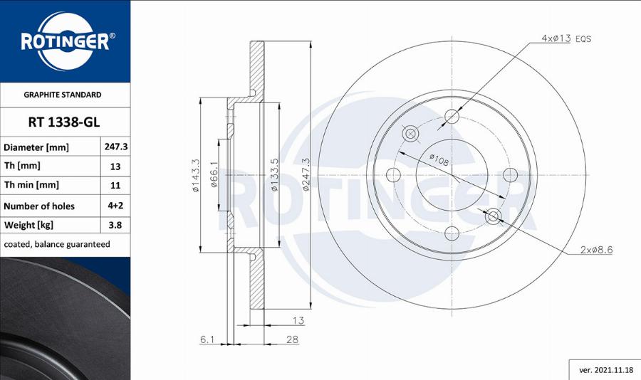 Rotinger RT 1338-GL - Тормозной диск autospares.lv