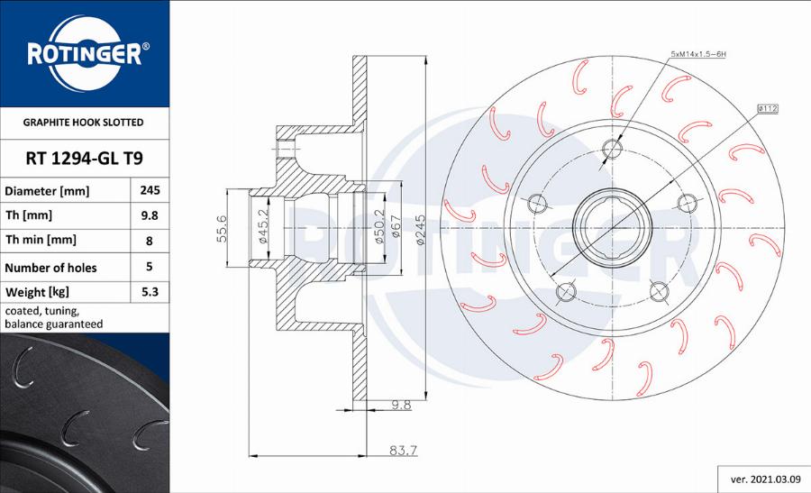 Rotinger RT 1294-GL T9 - Тормозной диск autospares.lv